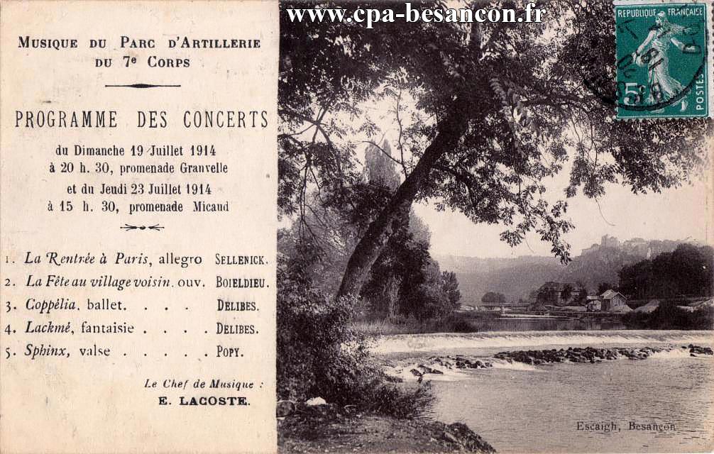 Musique du Parc d'Artillerie du 7e Corps - Programme des Concerts du Dimanche 19 Juillet 1914 à 20h30, promenade Granvelle et du Jeudi 23 Juillet 1914 à 15h30, promenade Micaud